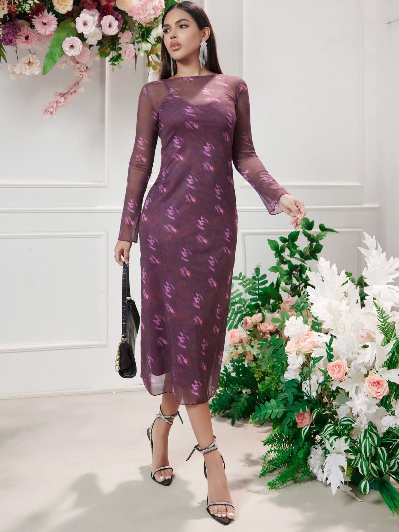 Floral Print Long Sleeve Mesh Evening Dress