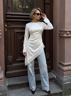 Asymmetric Lace Trim Long Sleeve Dress