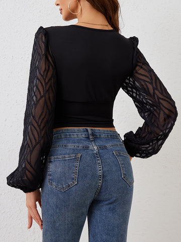 Elegant Sheer Sleeve V Neck Blouse