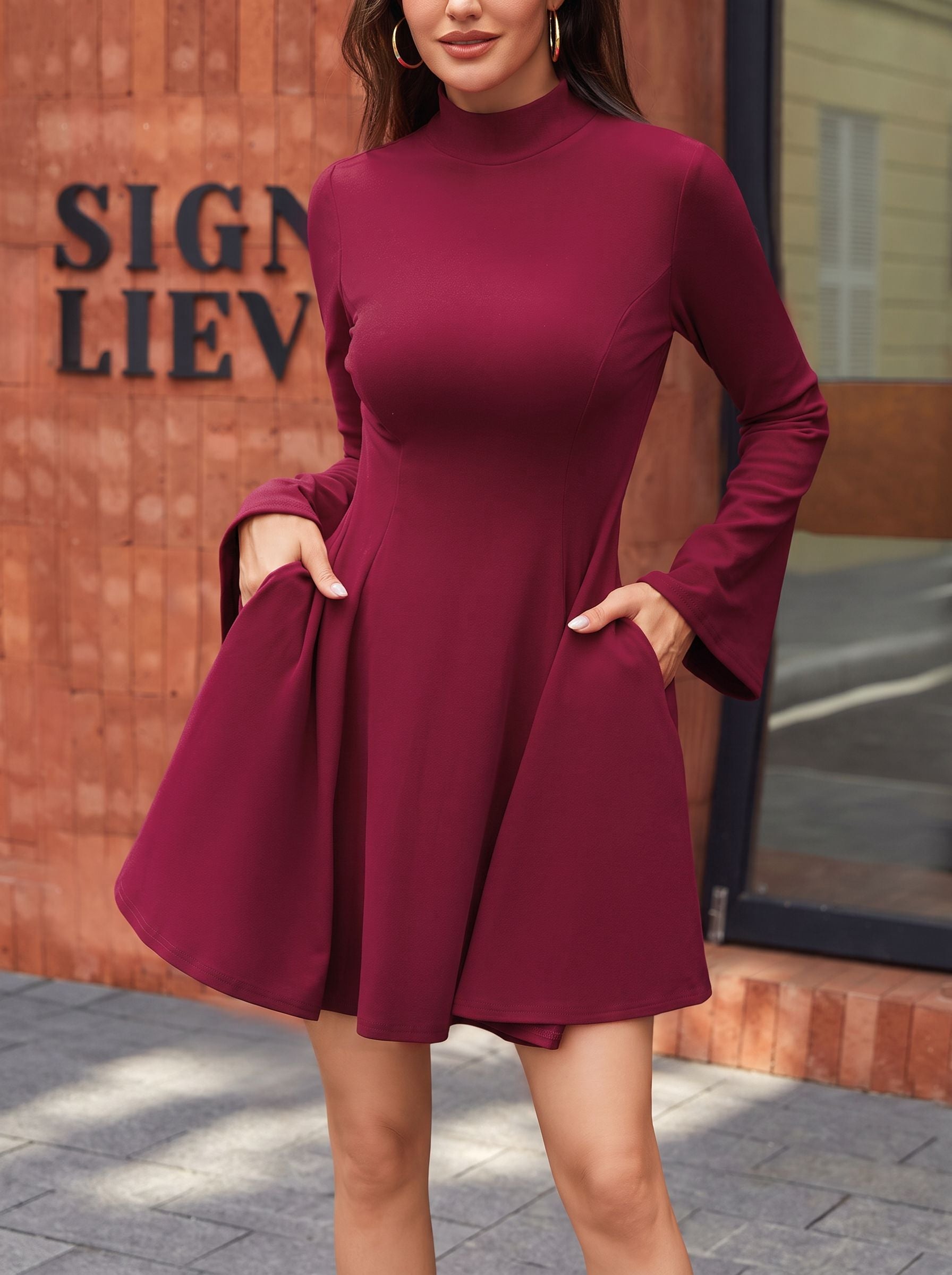 Mock Neck Flared Sleeve Dress
