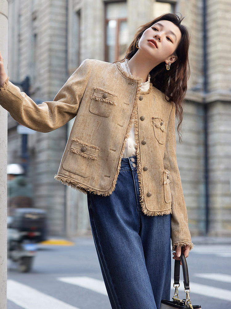 Frayed Tweed Button Up Jacket