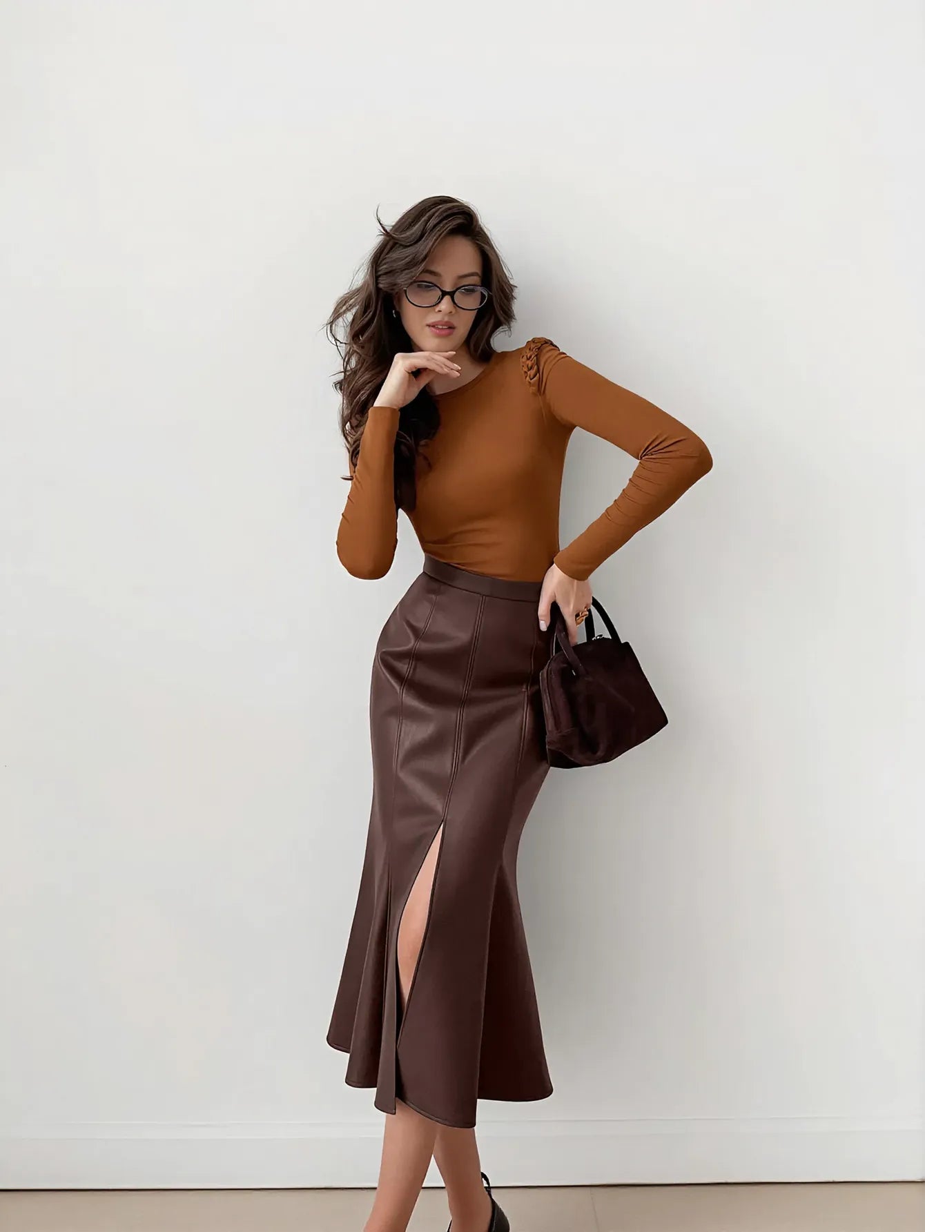 High Waisted Faux Leather Midi Skirt