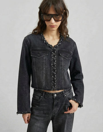 Cropped Collarless Denim Jacket