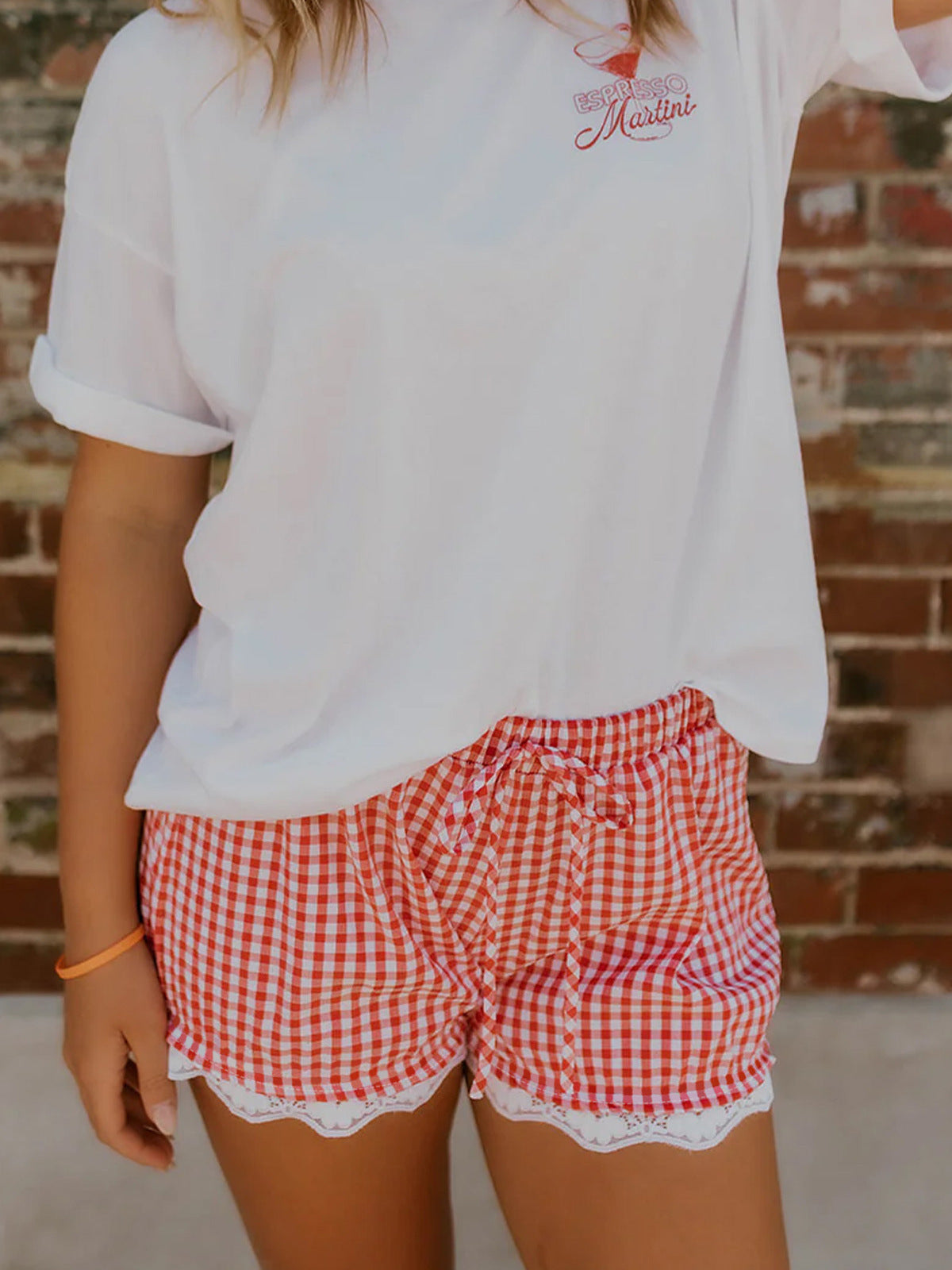 Checkered Pattern Lace Trim Shorts