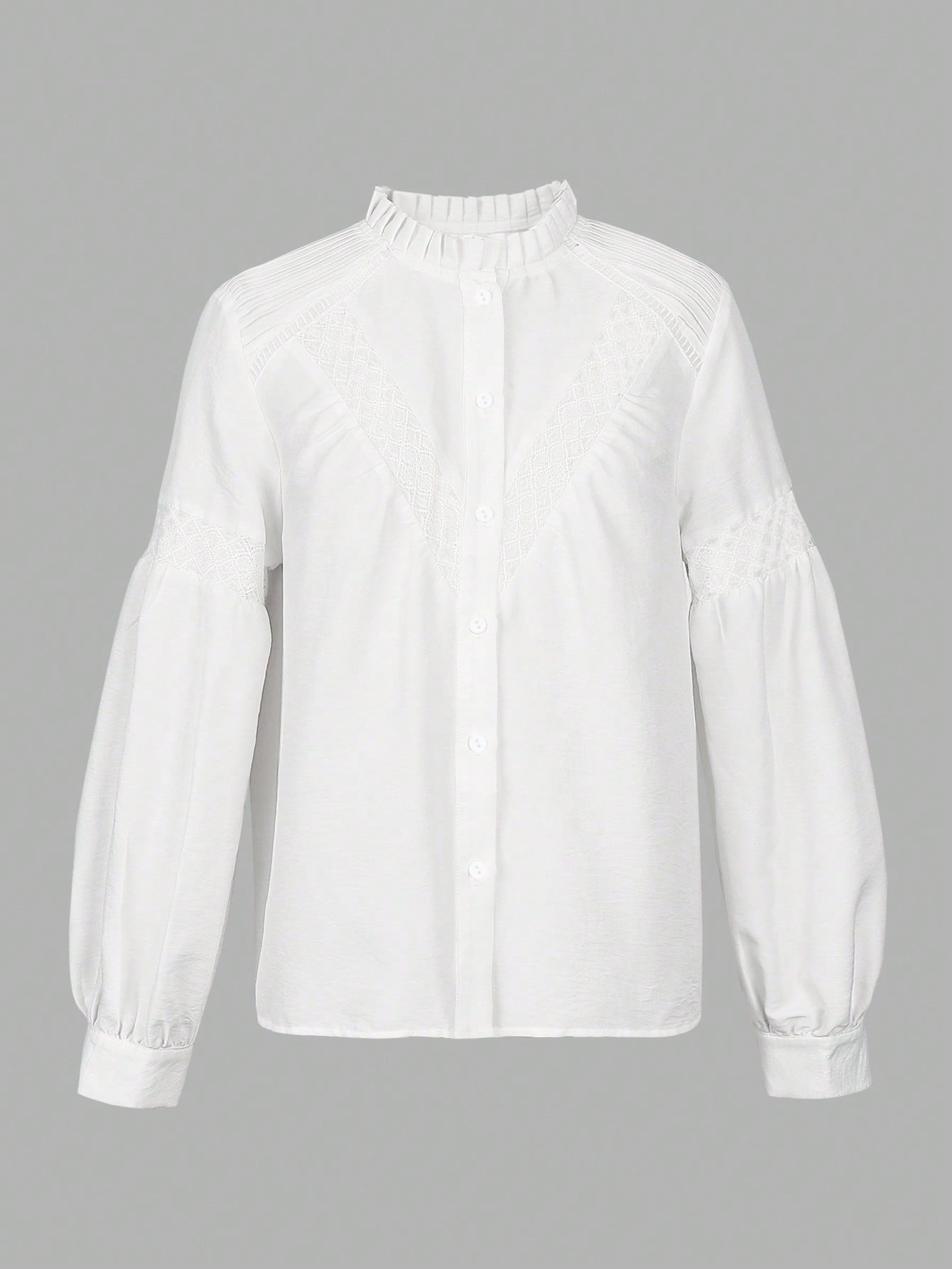 Puff Sleeve Lace Trimmed Casual Shirt-White