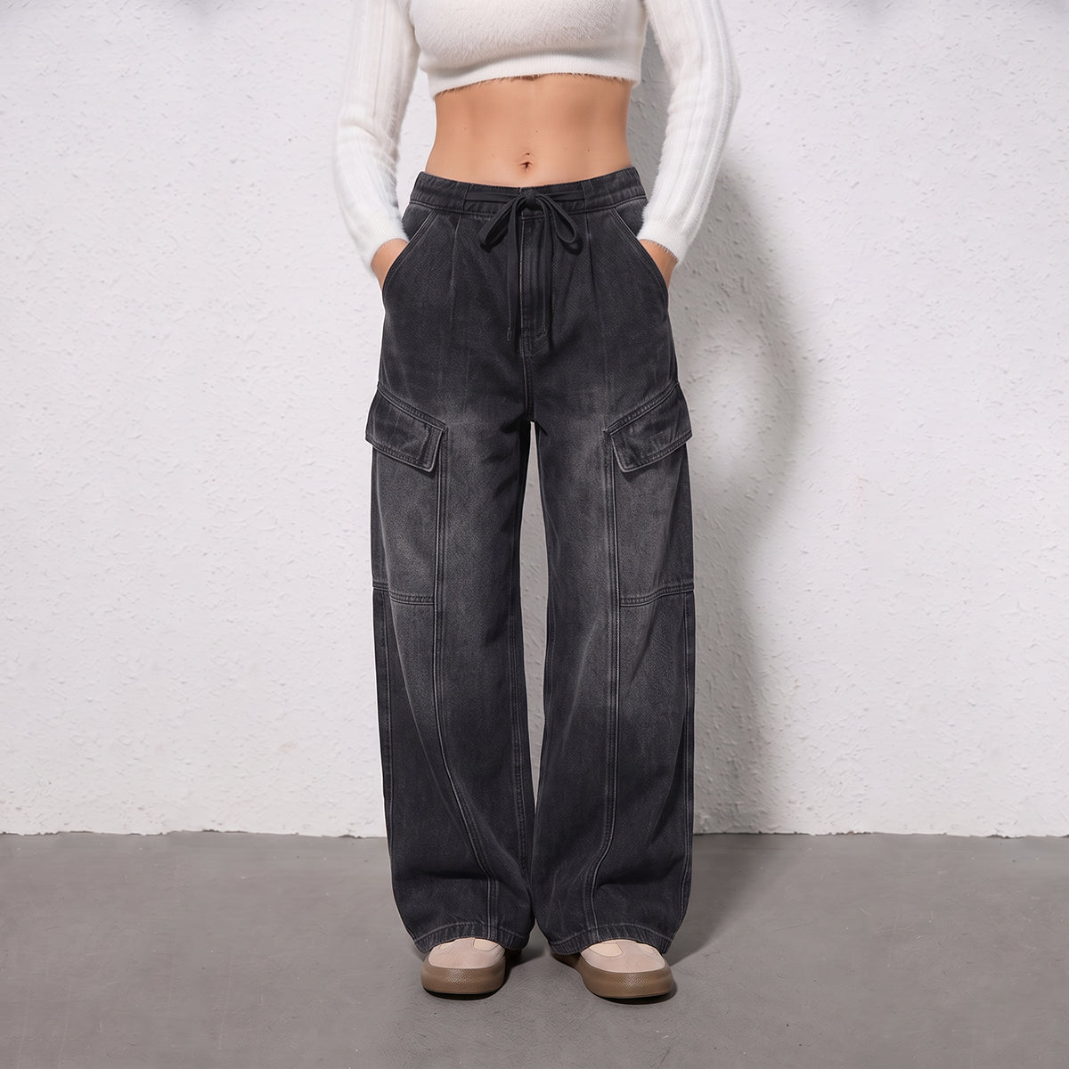 Drawstring High Waisted Cargo Jeans