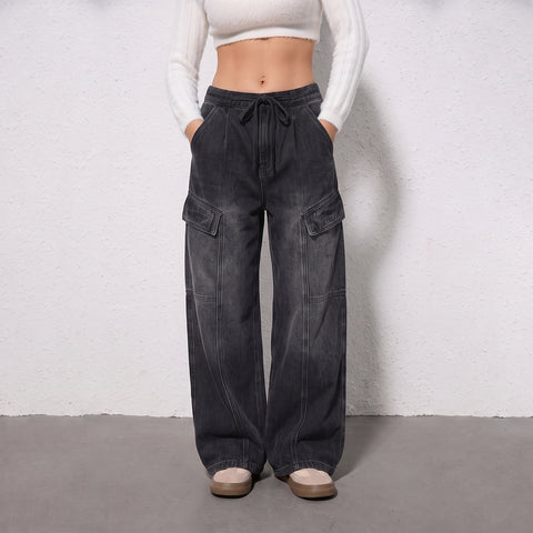 Drawstring High Waisted Cargo Jeans