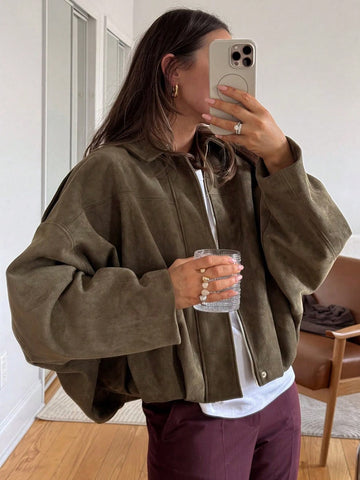 Oversized Cropped Black Bomber Jacket