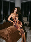 MAIA Lion and Tiger Stripe Print Strapless Sheath Midi Dress