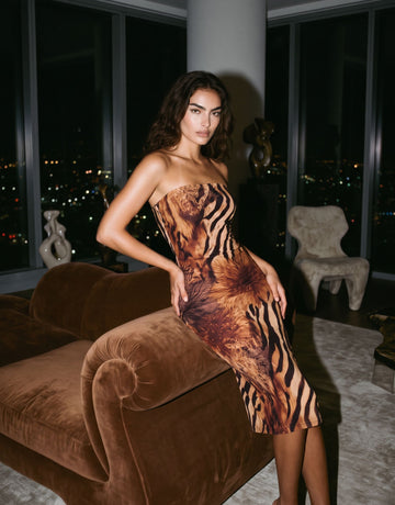 MAIA Lion and Tiger Stripe Print Strapless Sheath Midi Dress
