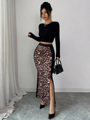 High Waisted Leopard Print Maxi Skirt