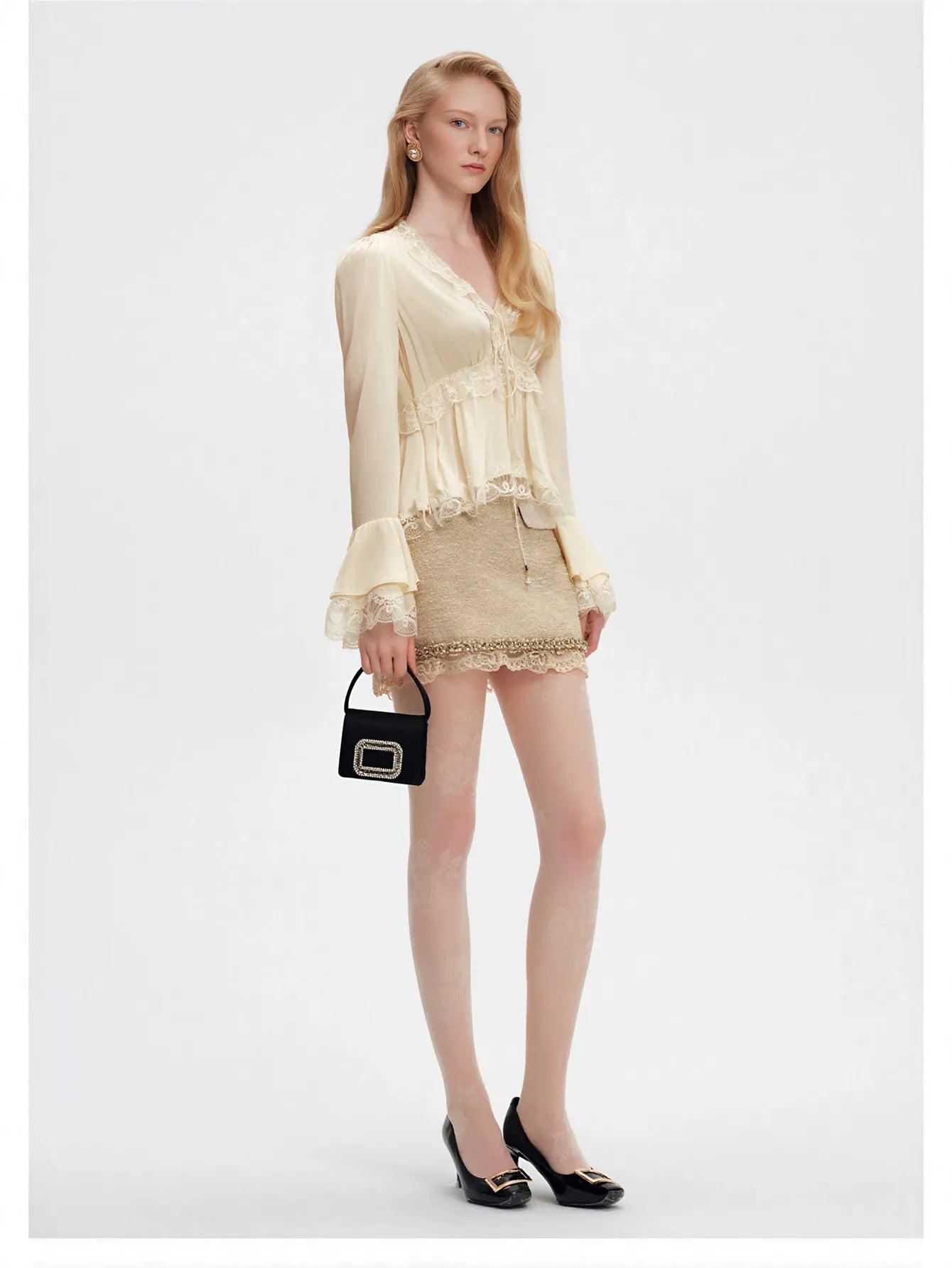 Elegant Lace Trim Satin Blouse
