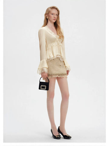 Elegant Lace Trim Satin Blouse
