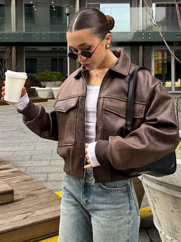 Distressed Faux Leather Bomber Jacket