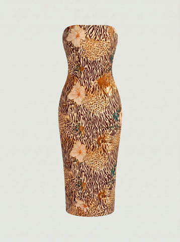 MAIA Floral Print Strapless Sheath Midi Dress