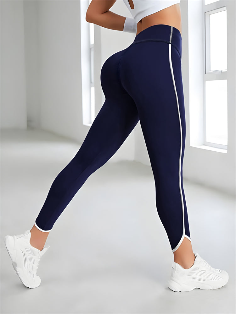 High-Waisted Side-Stripe Cropped-Leg Athletic Leggings-Navy Blue