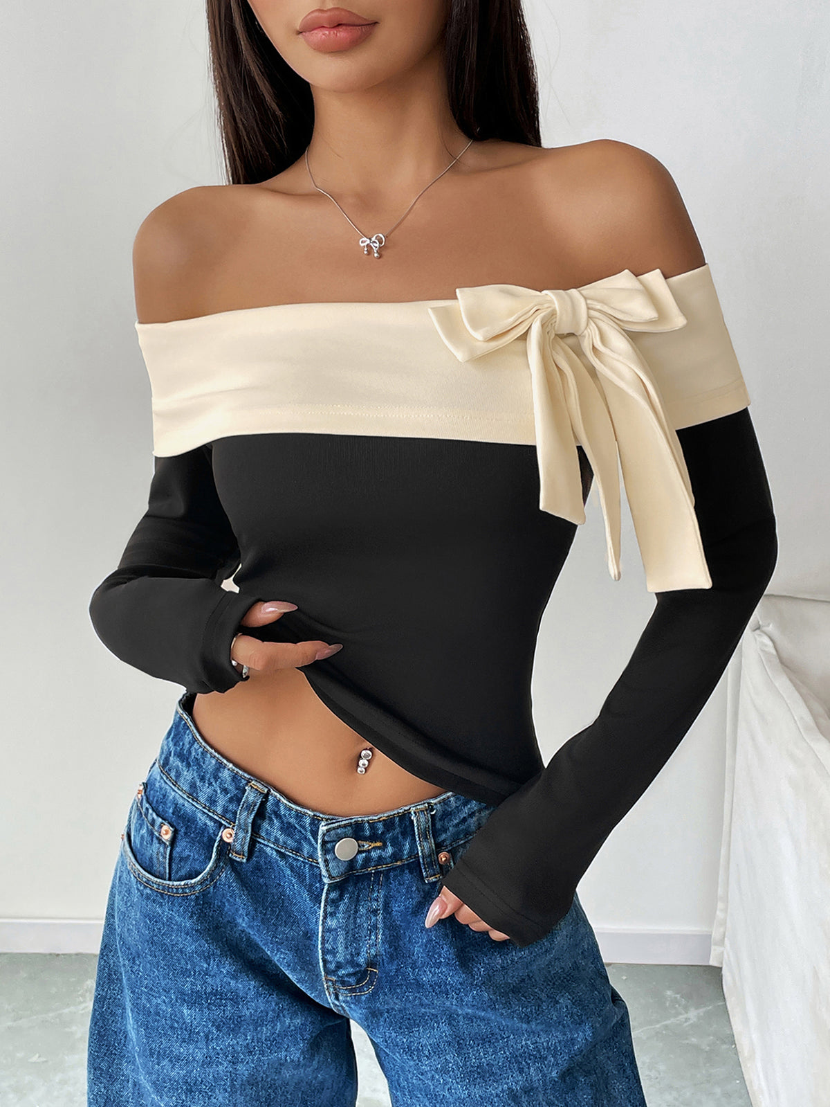 Off Shoulder Bow-Front Flirty T-Shirt