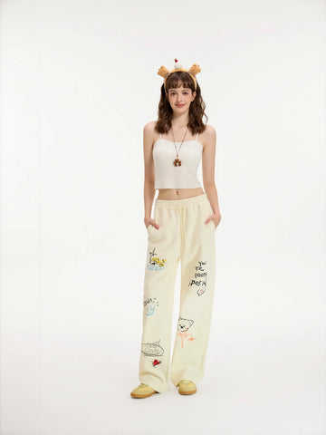Graphic Print Drawstring Wide Leg Pants