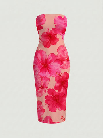 MAIA Floral Print Strapless Sheath Midi Dress