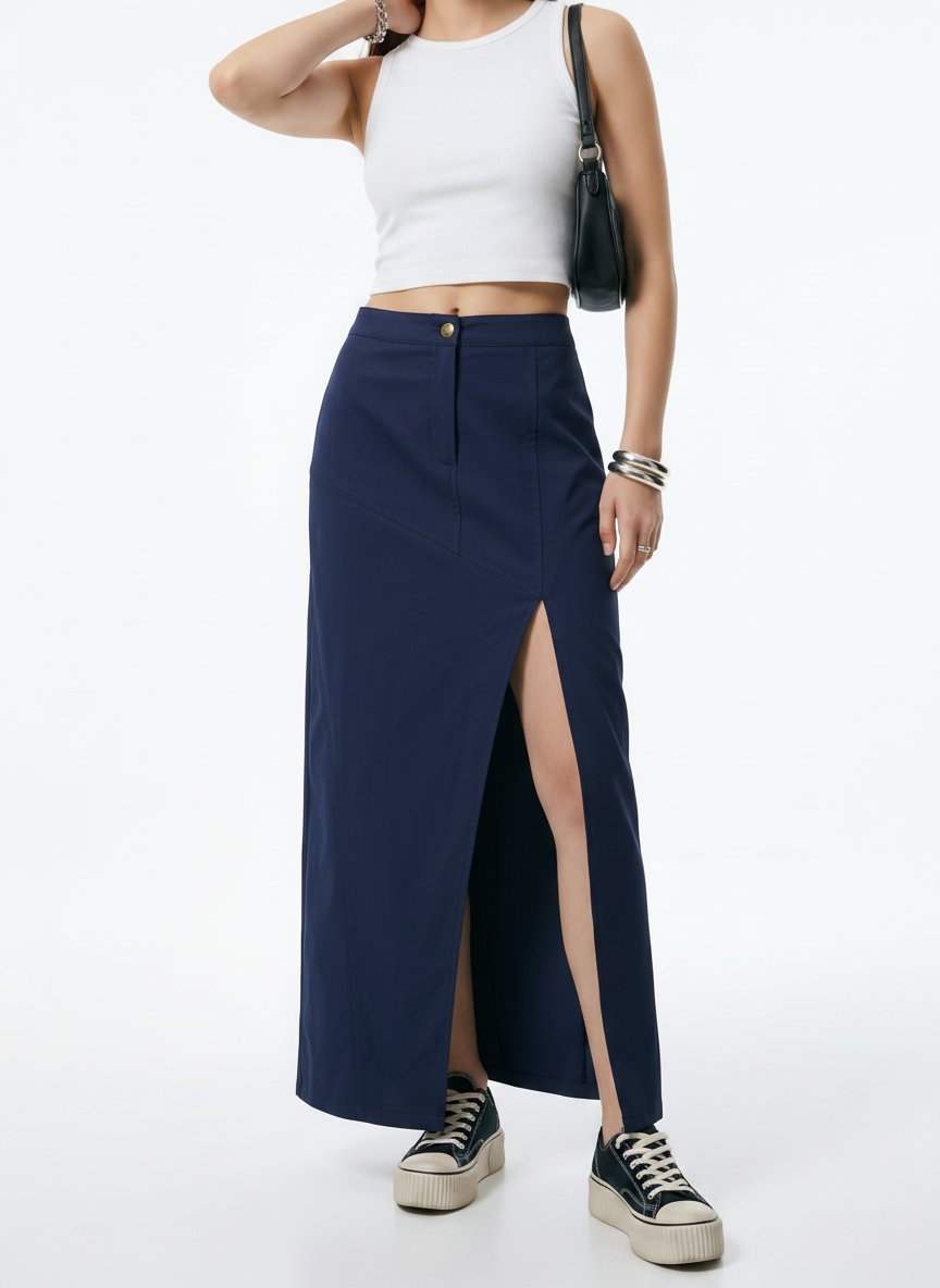 High Slit Navy Maxi Skirt
