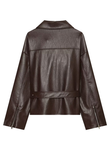 Oversized Brown Faux Leather Moto Jacket