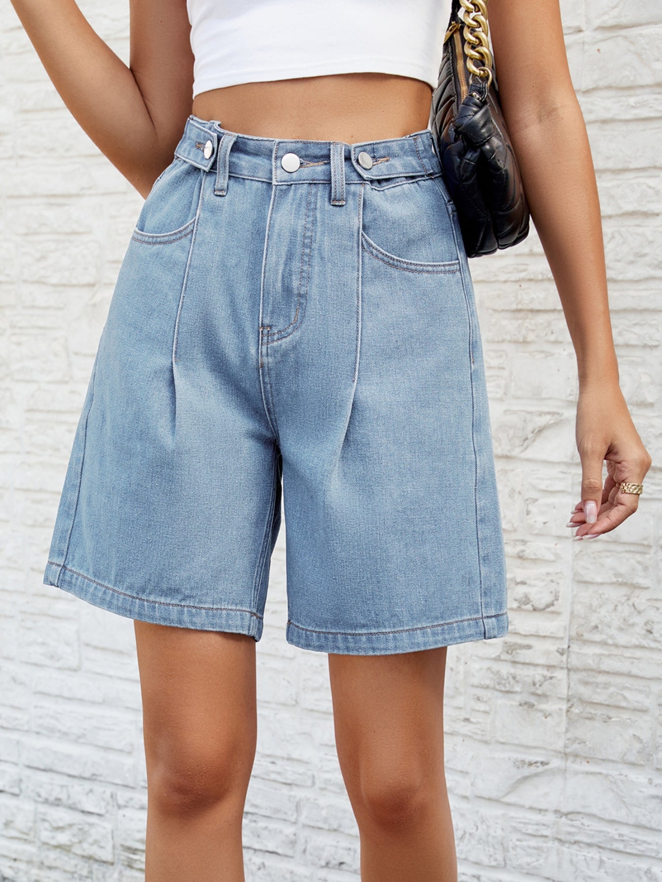 High Waisted Pleated Denim Shorts