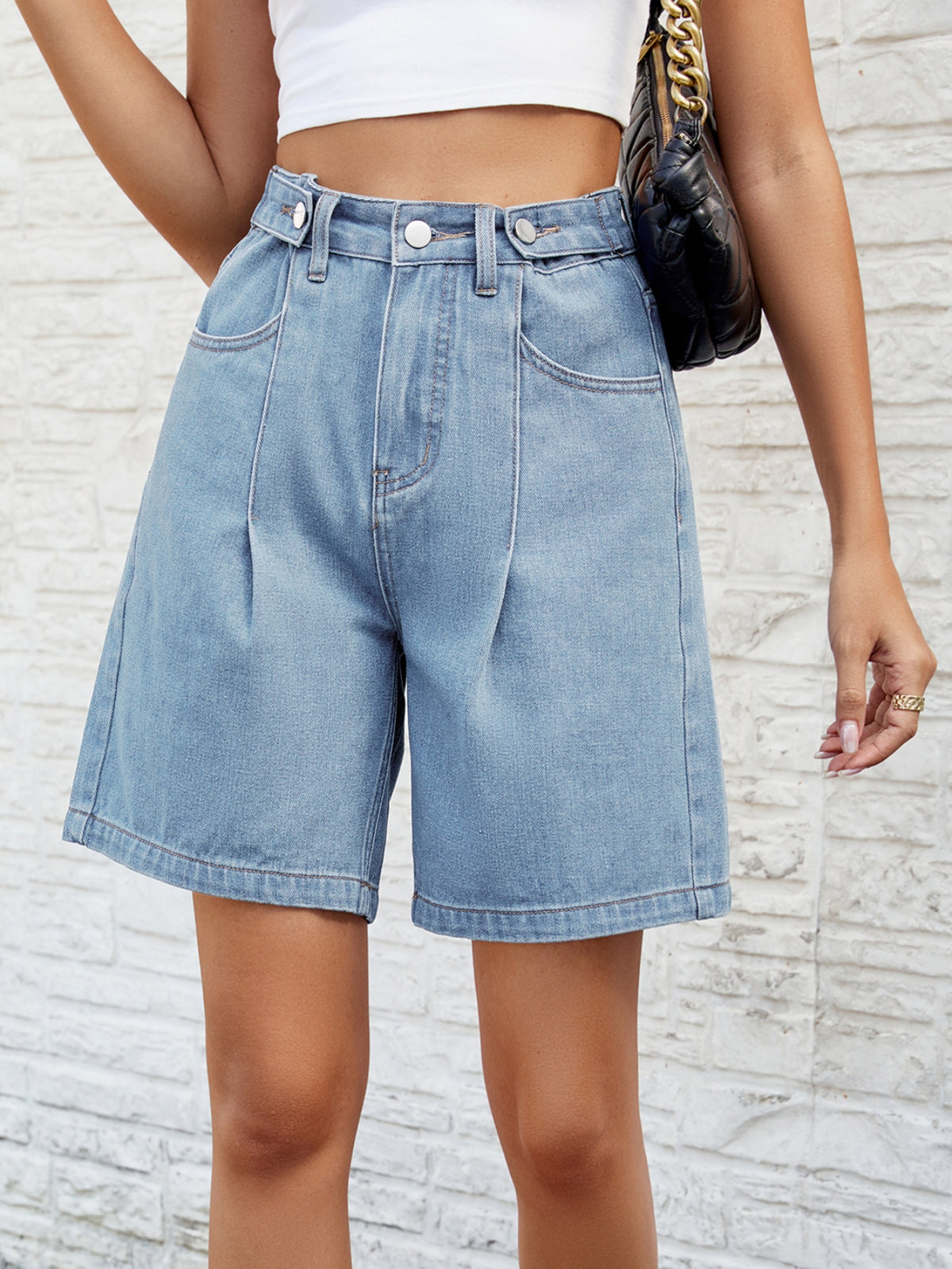 High Waisted Pleated Denim Shorts