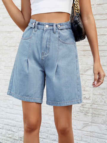 High Waisted Pleated Denim Shorts