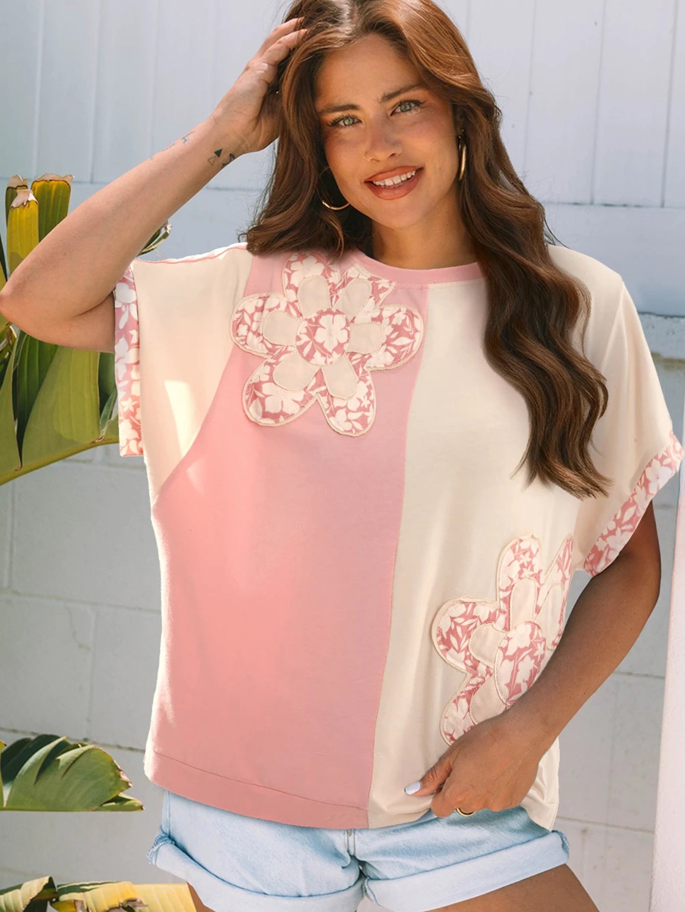 Floral Patch Color Block T-Shirt