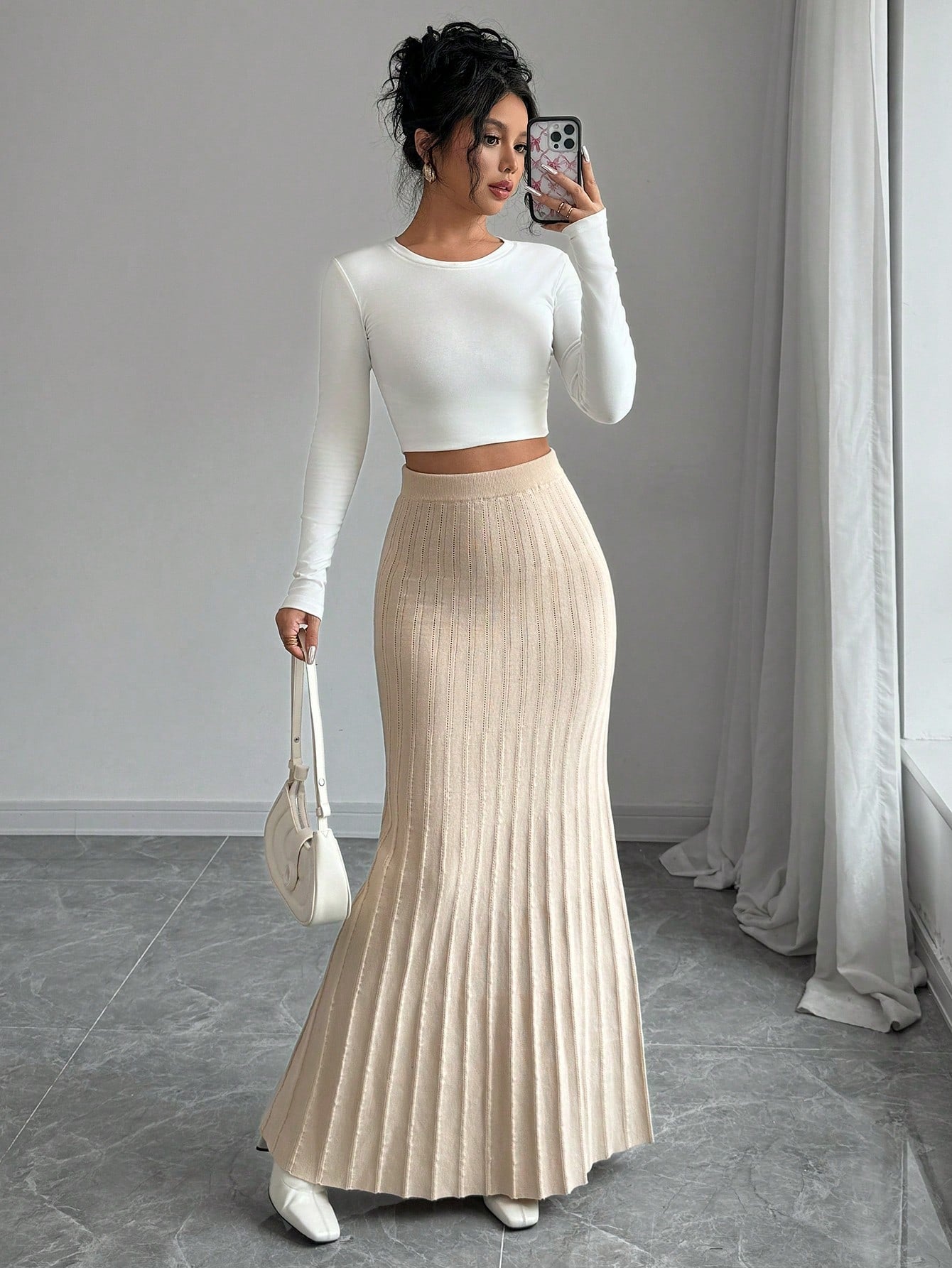 High Waisted Ribbed Knit Maxi Skirt