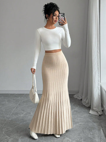 High Waisted Ribbed Knit Maxi Skirt