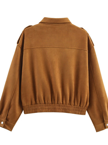 Cropped Suede Utility Bomber Jacket