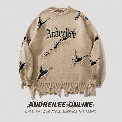 Distressed Oversized Graphic Knit Sweater