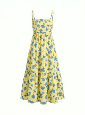 FLORA Floral Print Tiered Strap Midi Dress
