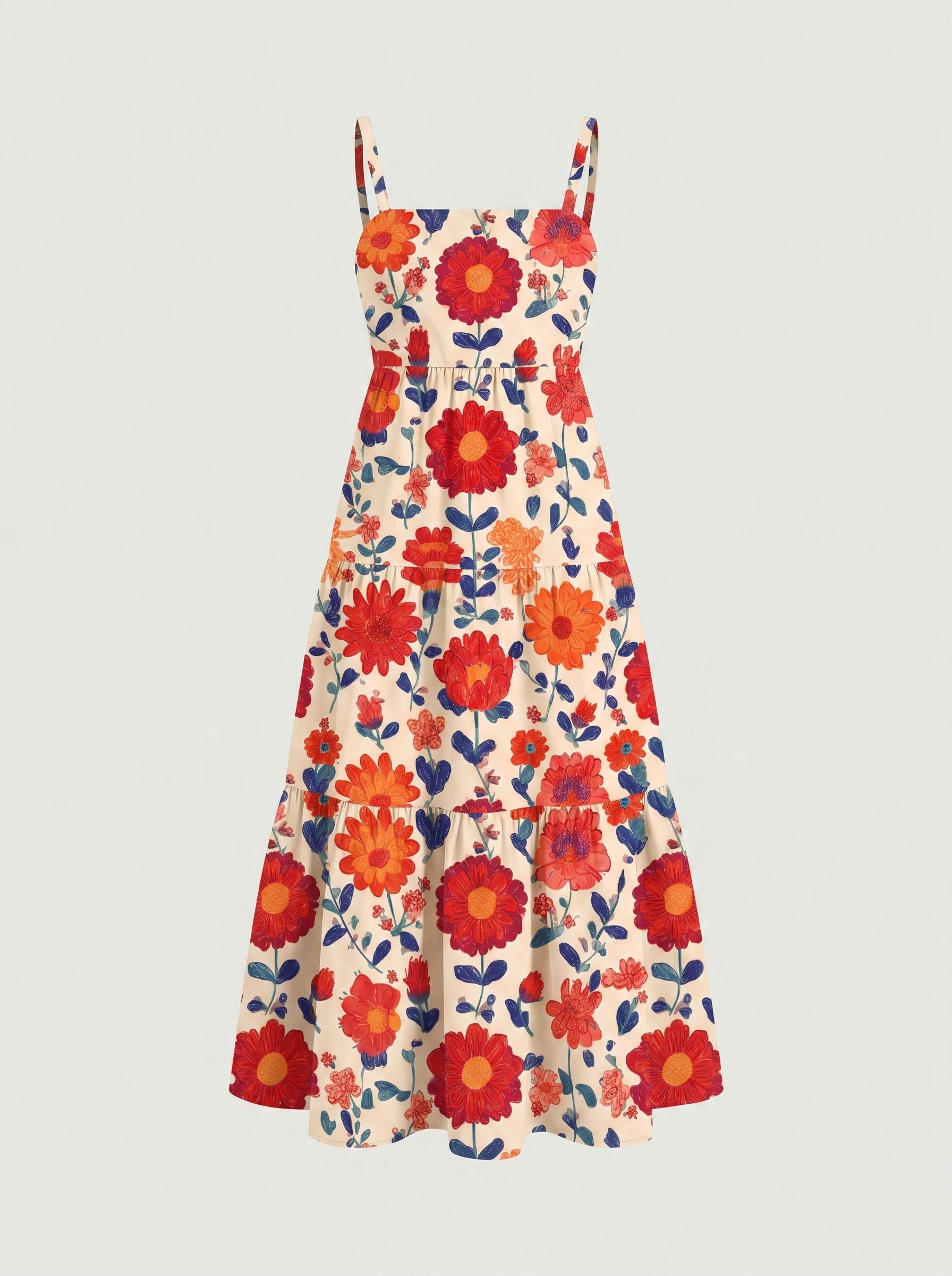 FLORA Floral Print Tiered Strap Midi Dress