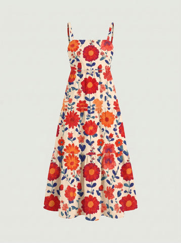 FLORA Floral Print Tiered Strap Midi Dress