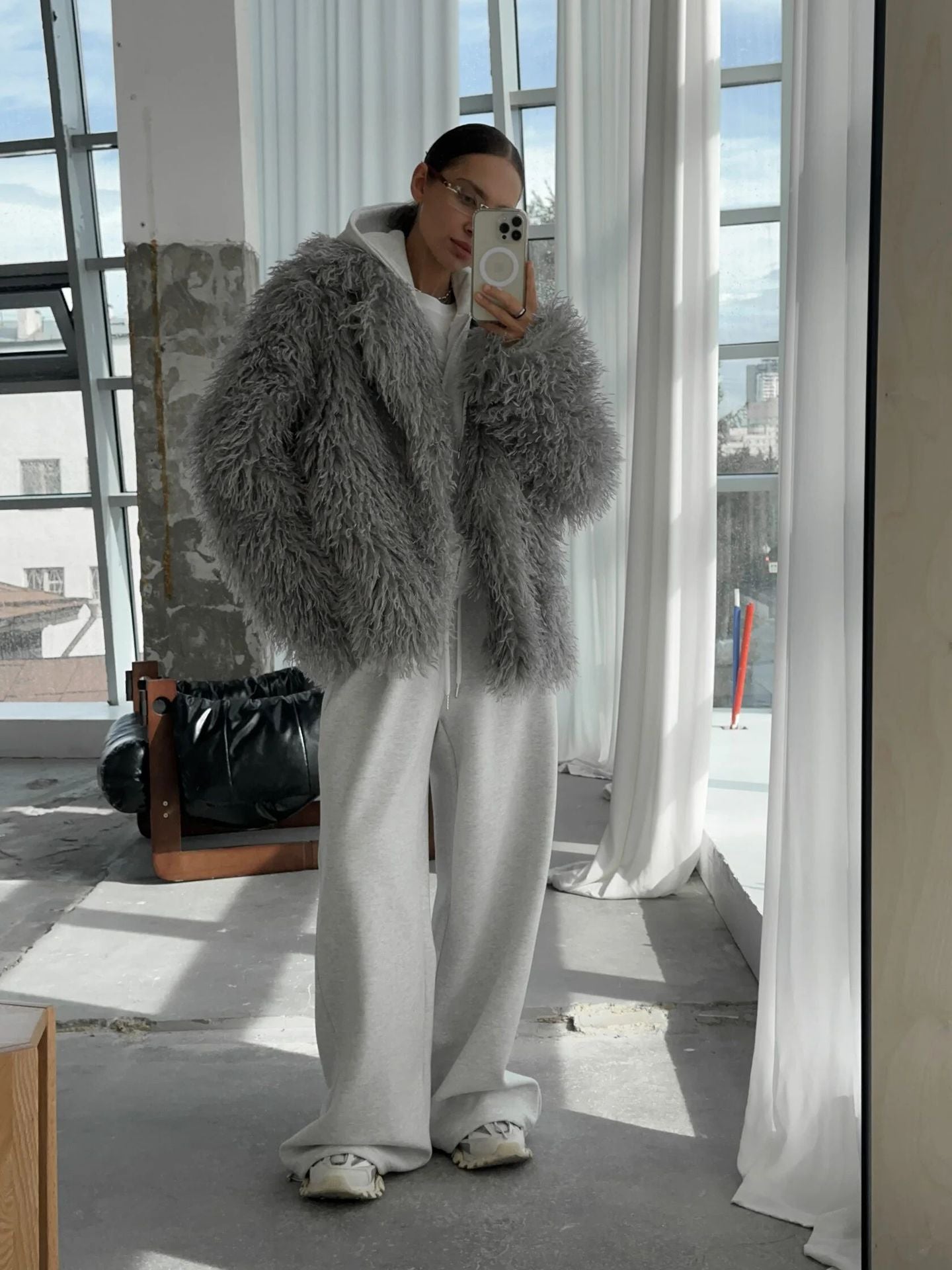 Fluffy White Faux Fur Coat