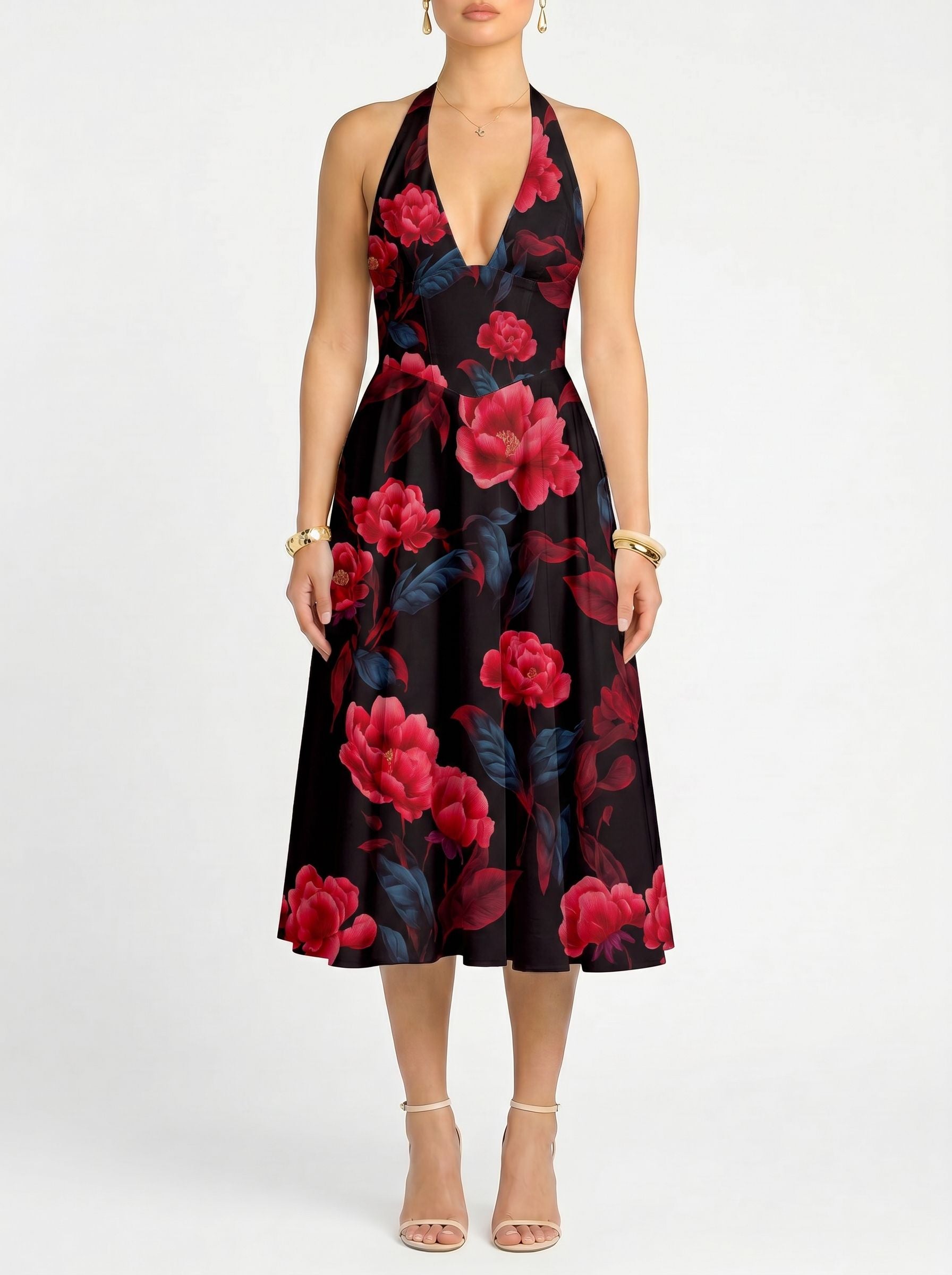 Floral Print Halter Neck Tie Back Midi Dress