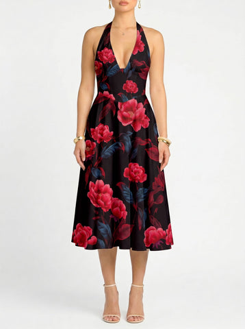 Floral Print Halter Neck Tie Back Midi Dress