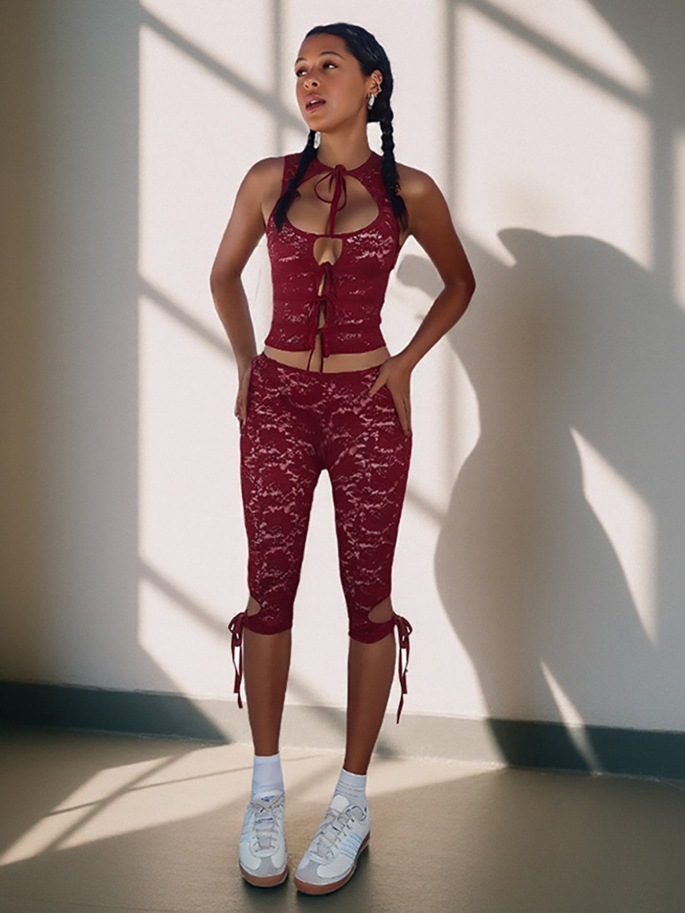 Sexy Lace Tie Front Pant Set