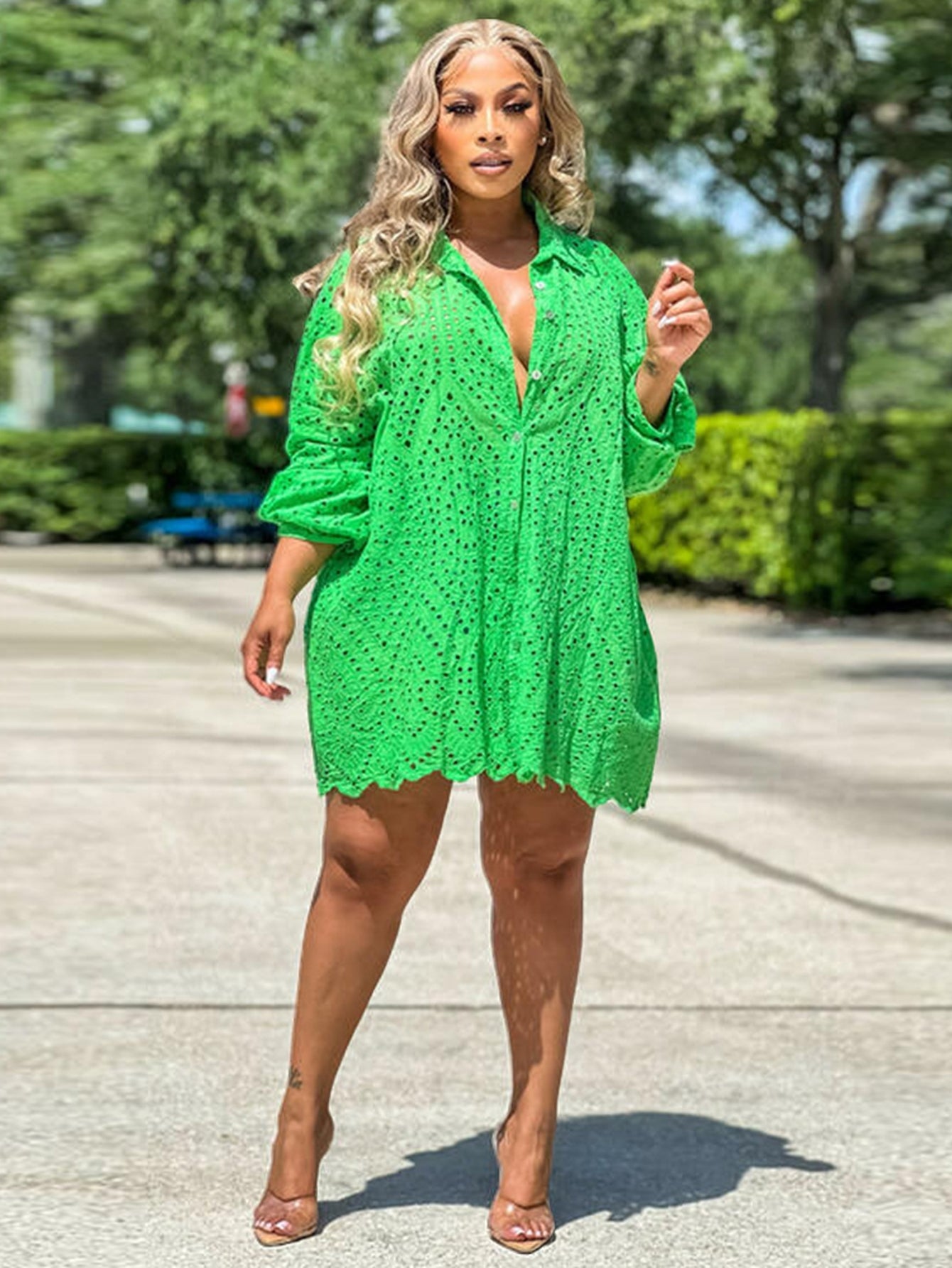 Green Eyelet Button Down Shirt
