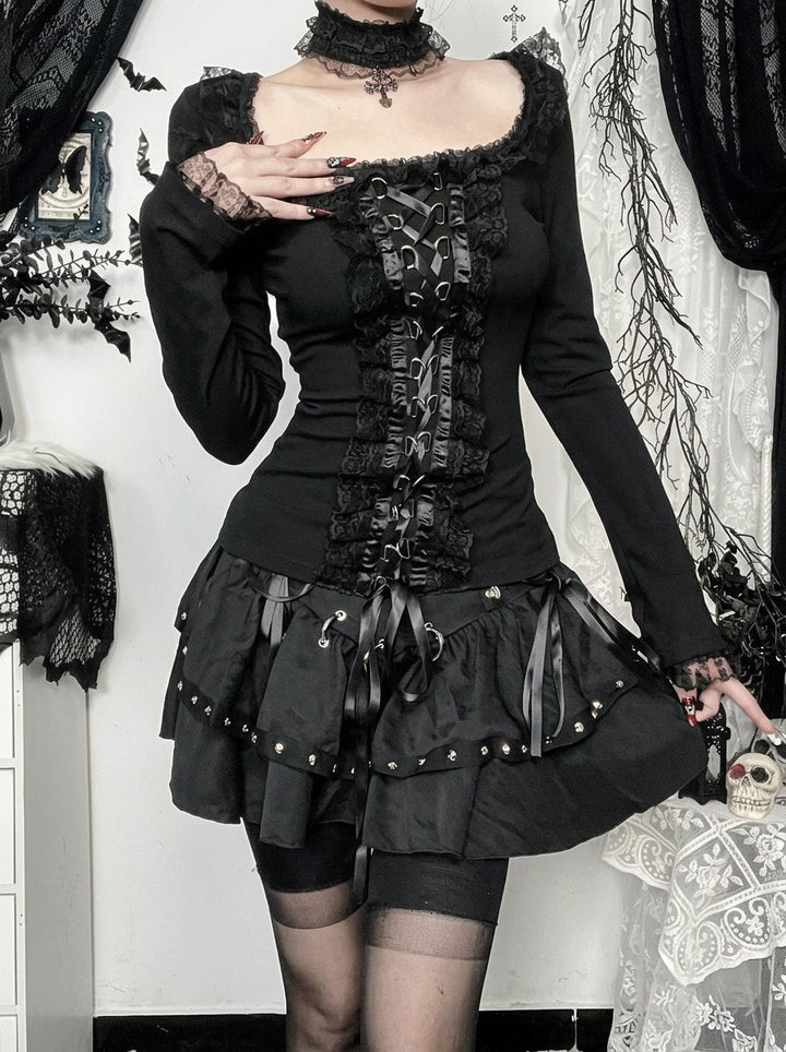 Gothic Lace Up Ruffle Long Sleeve Top