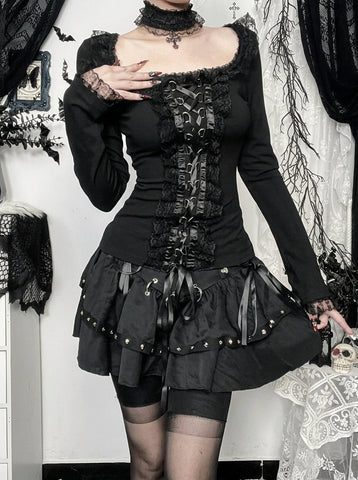 Gothic Lace Up Ruffle Long Sleeve Top