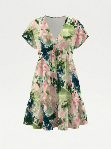 Floral Print V Neck Tiered Babydoll Mini Dress