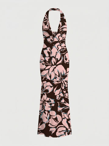 LILA Floral Print Cowl Neck Bodycon Midi Dress