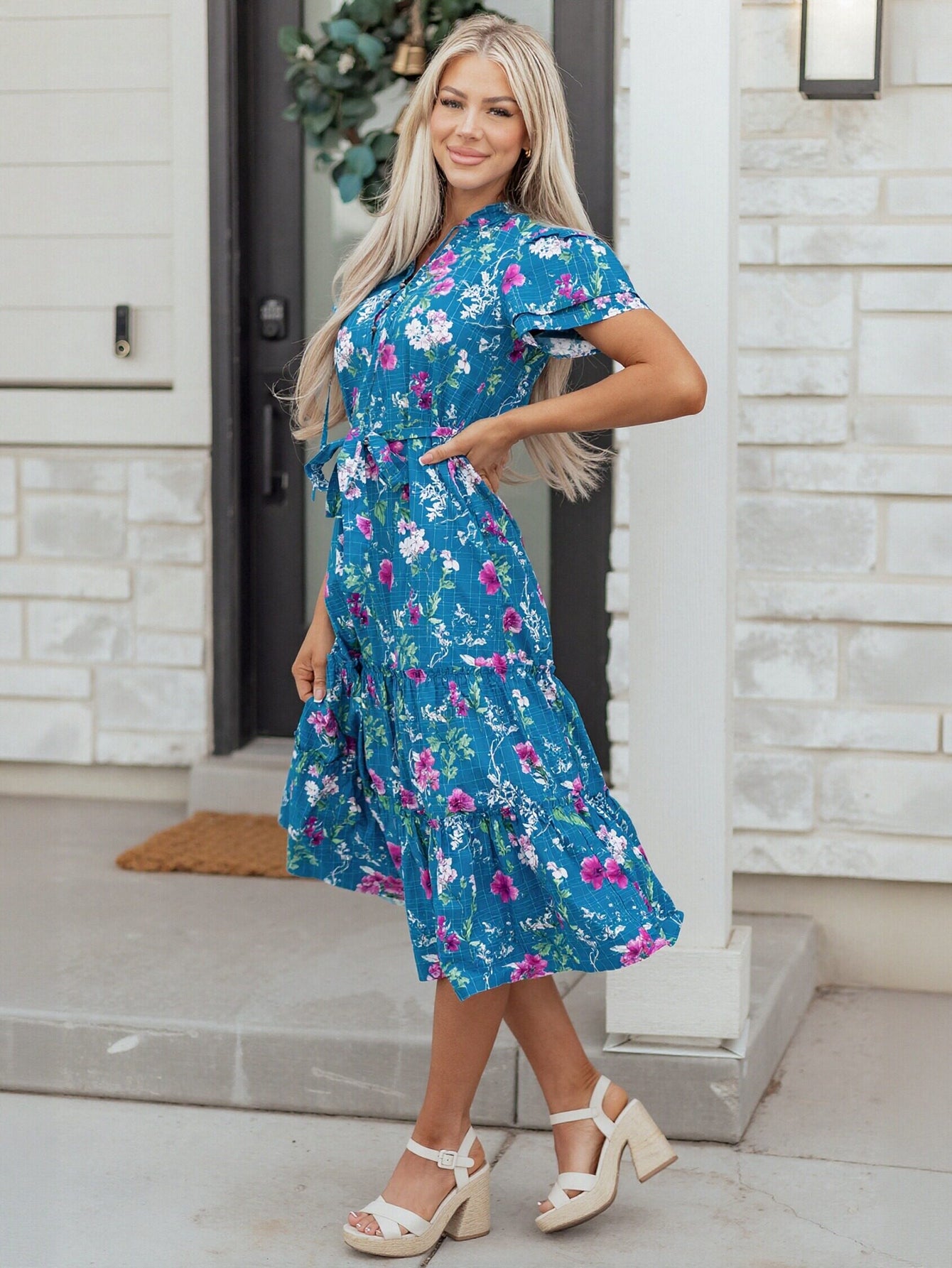 Floral Flutter Sleeve Tiered Midi Dress
