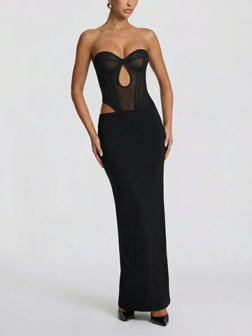 Sheer Panel Cutout Slim-Fit Sexy Maxi Evening Dress
