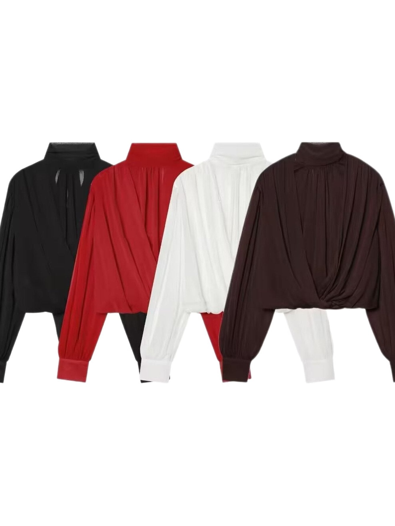 Elegant Draped Mock Neck Chiffon Blouse