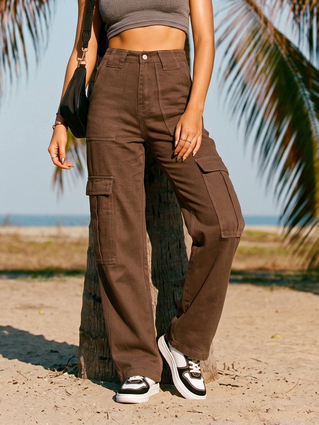 High Waisted Cargo Denim Jeans