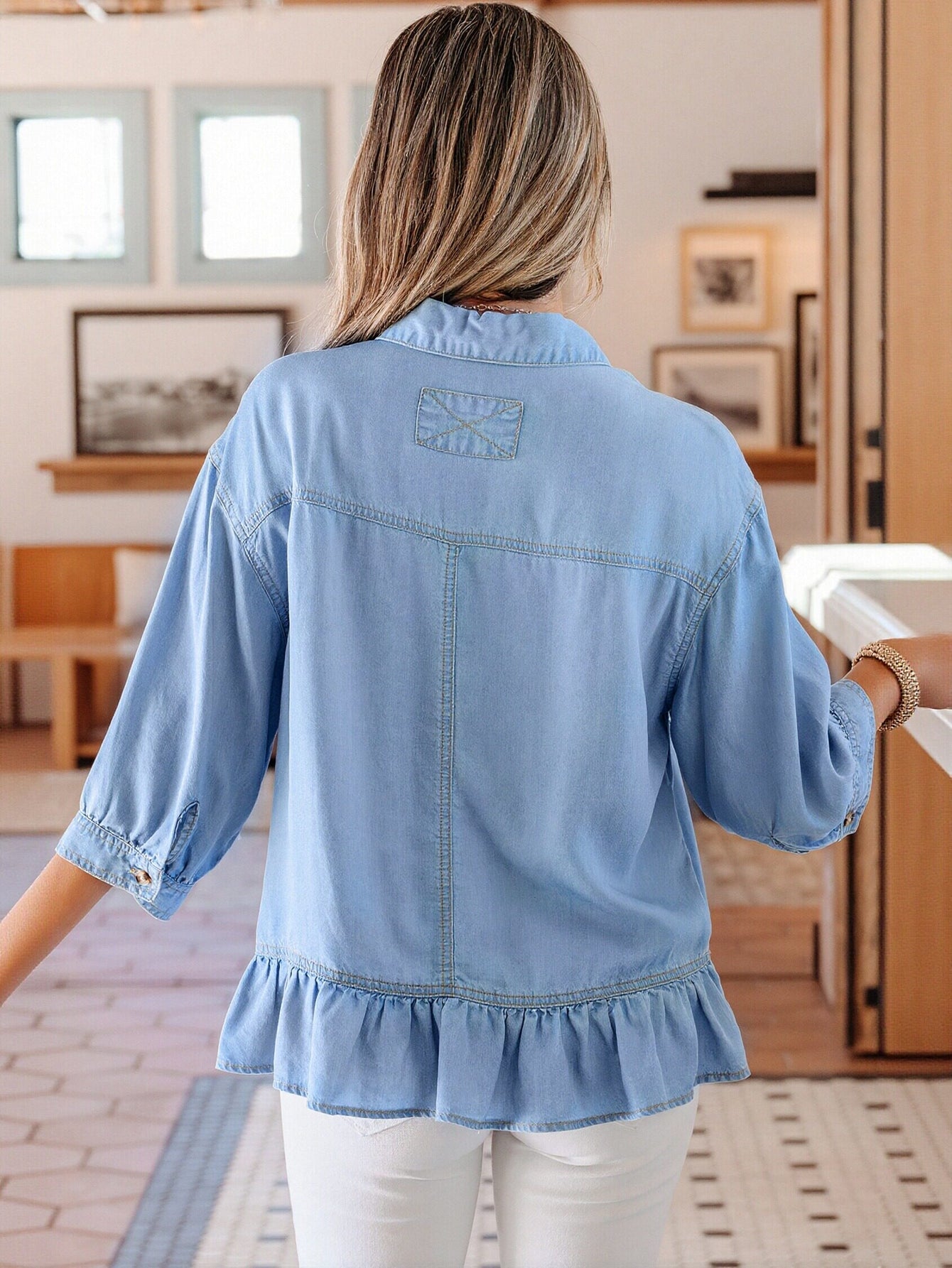 Lightweight Ruffled Peplum Denim Shirt